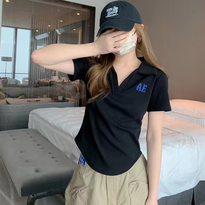 Ader 2023 New lapel short-sleeved summer V-neck slimming and form-fitting polo neck T-shirt, a trendy brand off-the-shoulder base layer for women pic 6