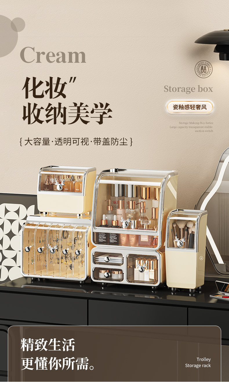 新款化妆品收纳盒高级桌面透明防尘罩口红护肤品首饰储物盒大容量01237-008详情1