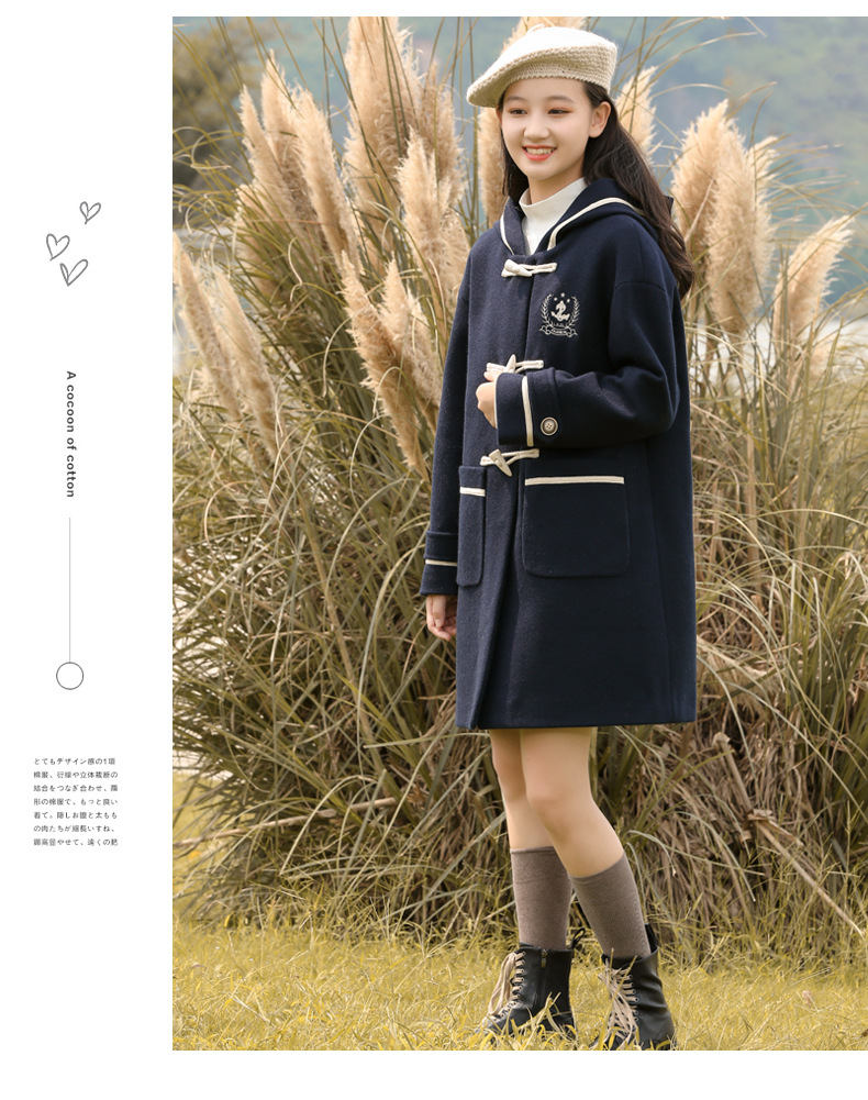 21516 College-style woolen coat 2021 Autumn/Winter new style for junior high school students, winter wear for girls with horn buttons and woolen fabric pic 17