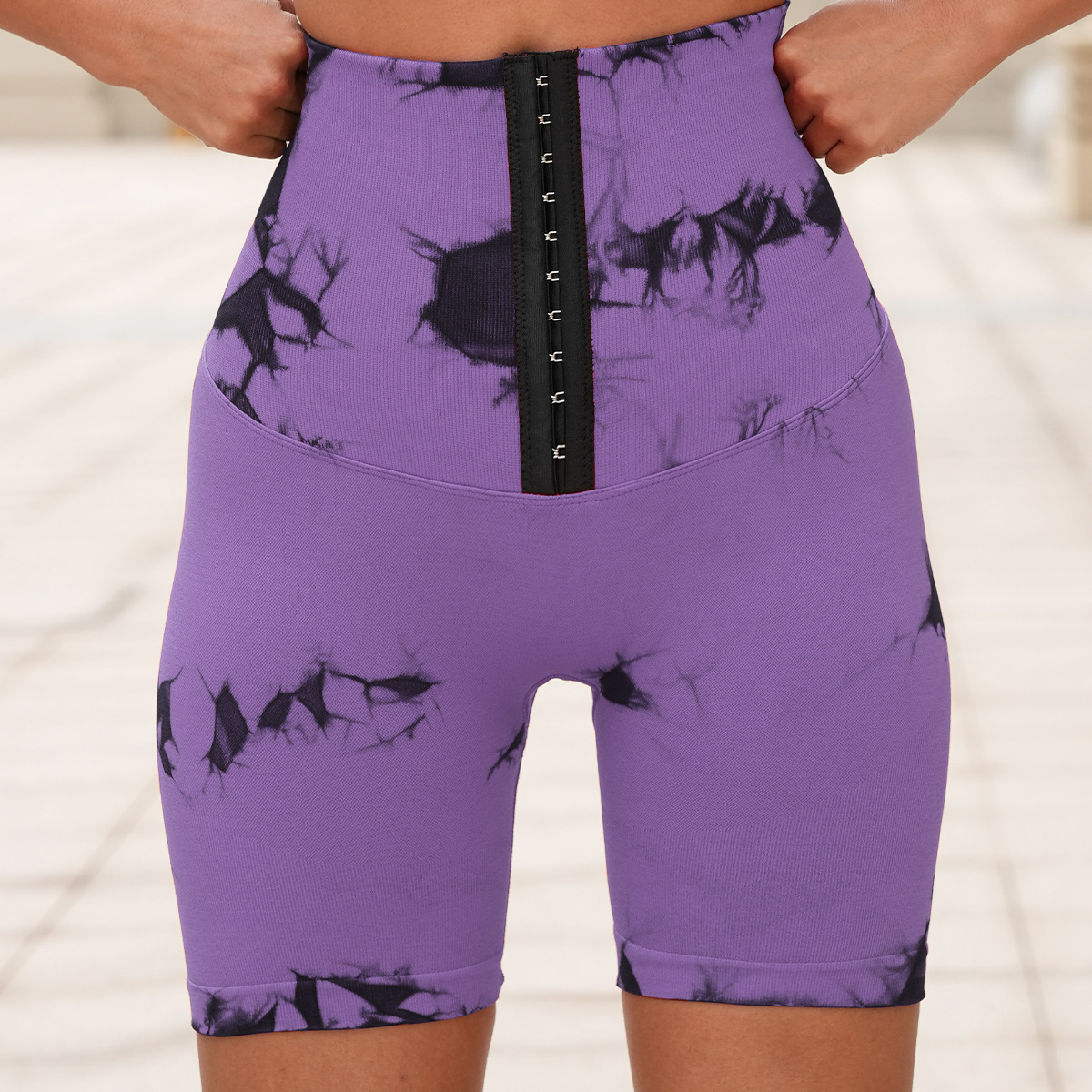 跨境排扣扎染无缝瑜伽短裤双提臀裤蜜桃臀运动三分裤女yoga short详情8