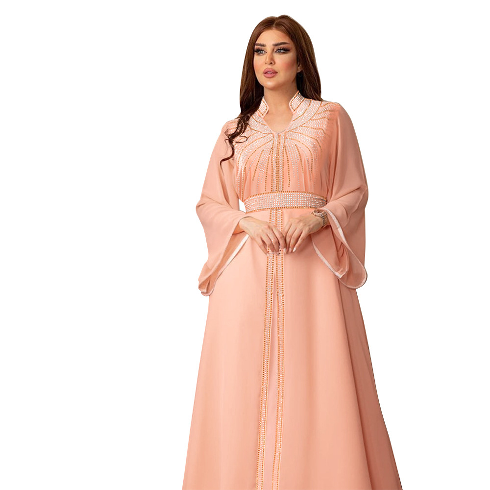 XQY500090 Foreign trade Arab robe, Middle East kaftan fashion Hot diamond belted chiffon dress pic 13