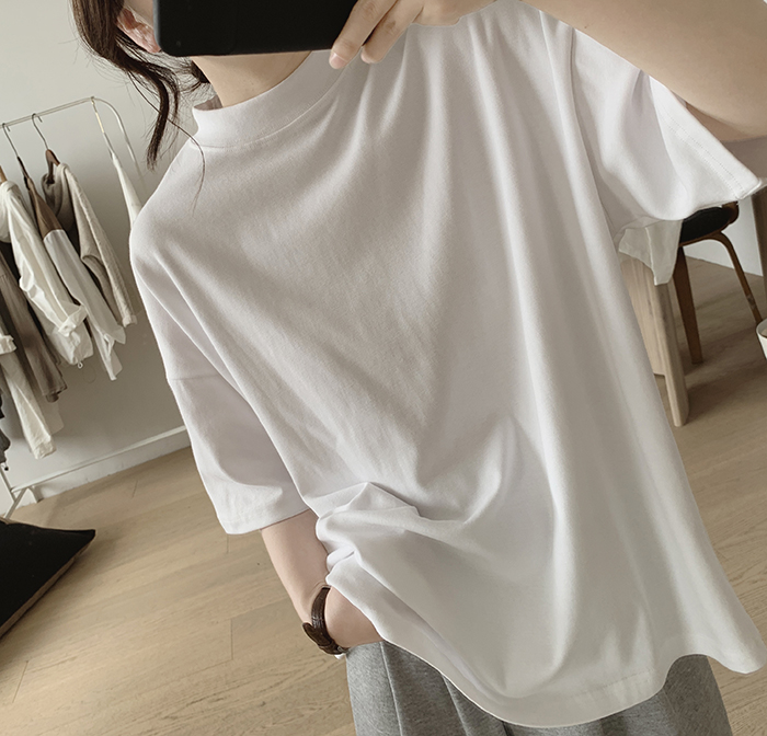 琪镌绘制半高领t恤女式春夏季新款宽松显瘦韩版简约半袖减龄棉质详情5