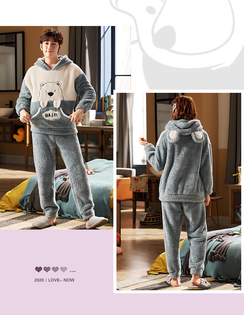 长毛绒冬季卡通情侣加厚加绒睡衣女帽子外穿法兰绒套装男士家居服详情50