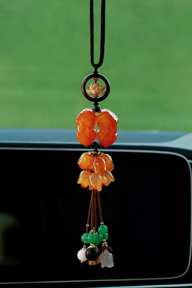 Natural water plant agate double PI Xiu chalcedony car pendant for men and women, car rearview mirror interior, car pendant decoration pic 13