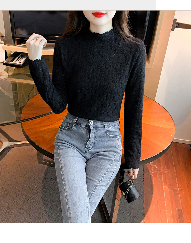A stylish and youthful 2023 autumn collection, paired with a semi-high-neck top, long-sleeved small stand-up collar, and a youthful lace base layer for women pic 25