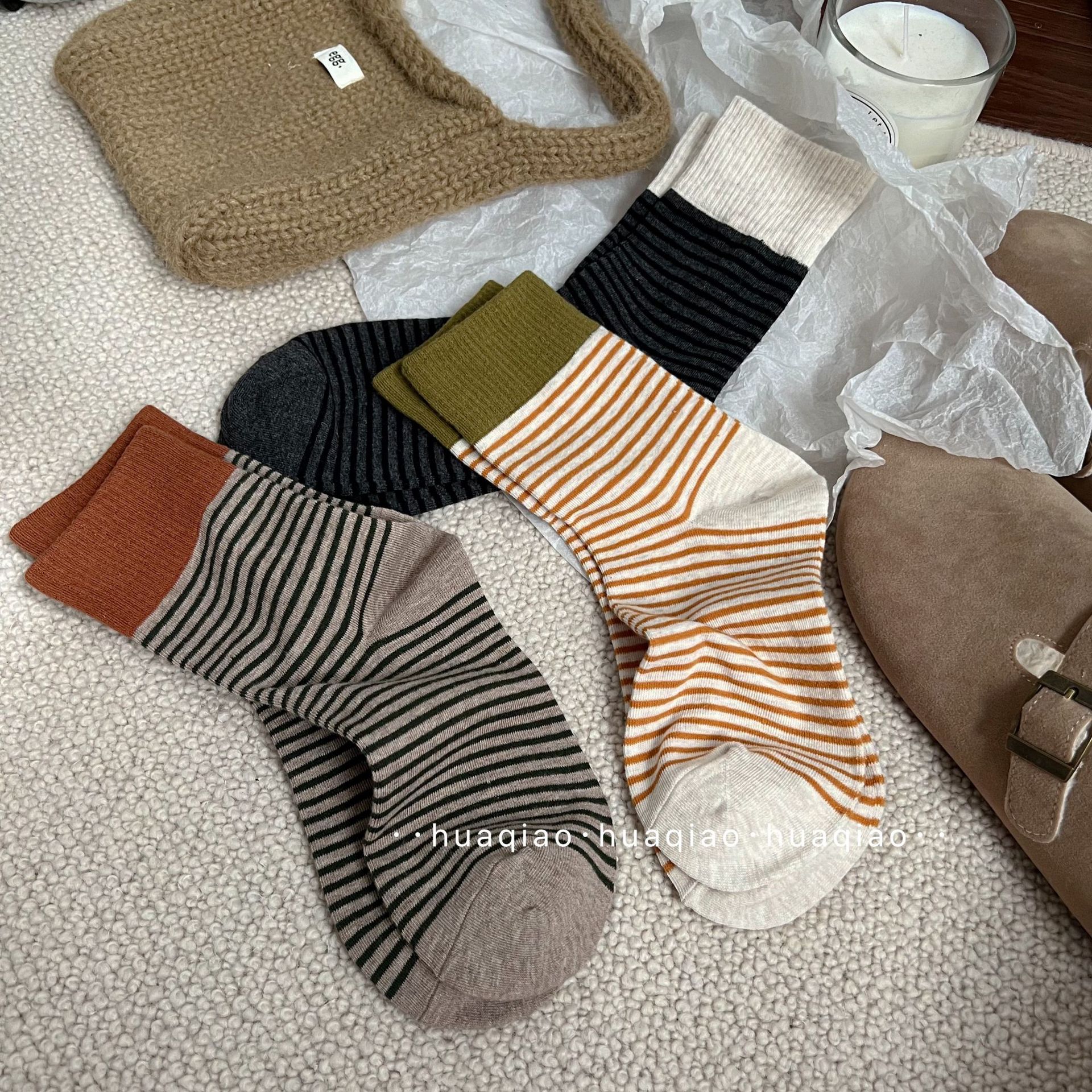 美拉德ins东大门撞色罗口条纹袜秋冬季堆堆袜休闲中筒袜女生袜子详情4