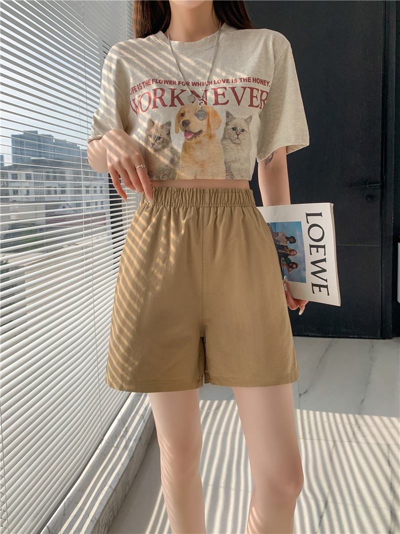 松紧高腰阔腿裤春夏日系百搭宽松显瘦休闲卡其色水洗棉短裤女夏季详情8