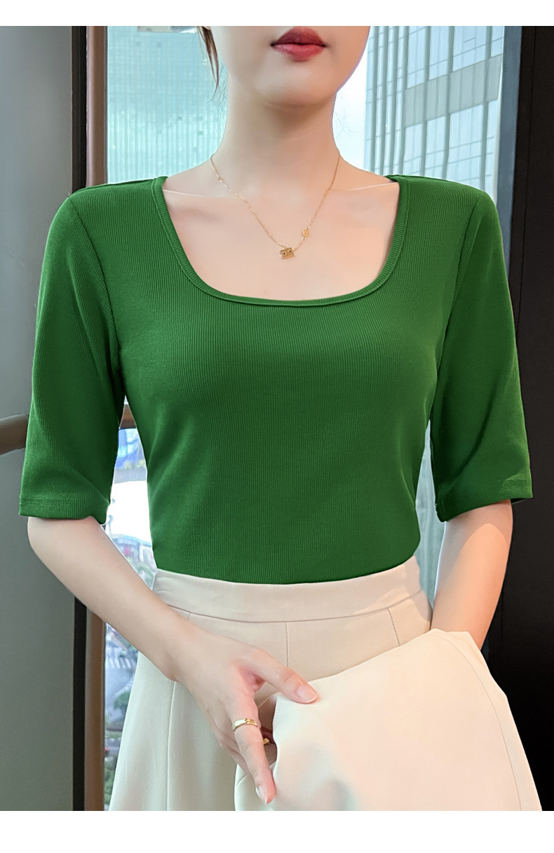 This 2023 autumn new slimming and elegant base layer T-shirt is versatile for daily use, fitted, simple and stylish, with a square neck and mid-sleeved shirt for women pic 18