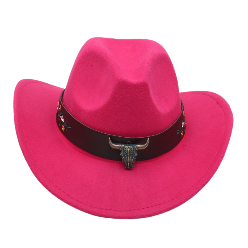 跨境西部牛仔帽藏式民族风礼帽牛头花朵皮带配饰毛毡帽卷边帽子详情23