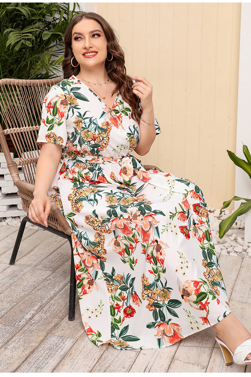 2024 Cross-border new French-style elegant plus-size dress with a V-neck, short sleeve and cinched waist, featuring a simple floral design pic 16