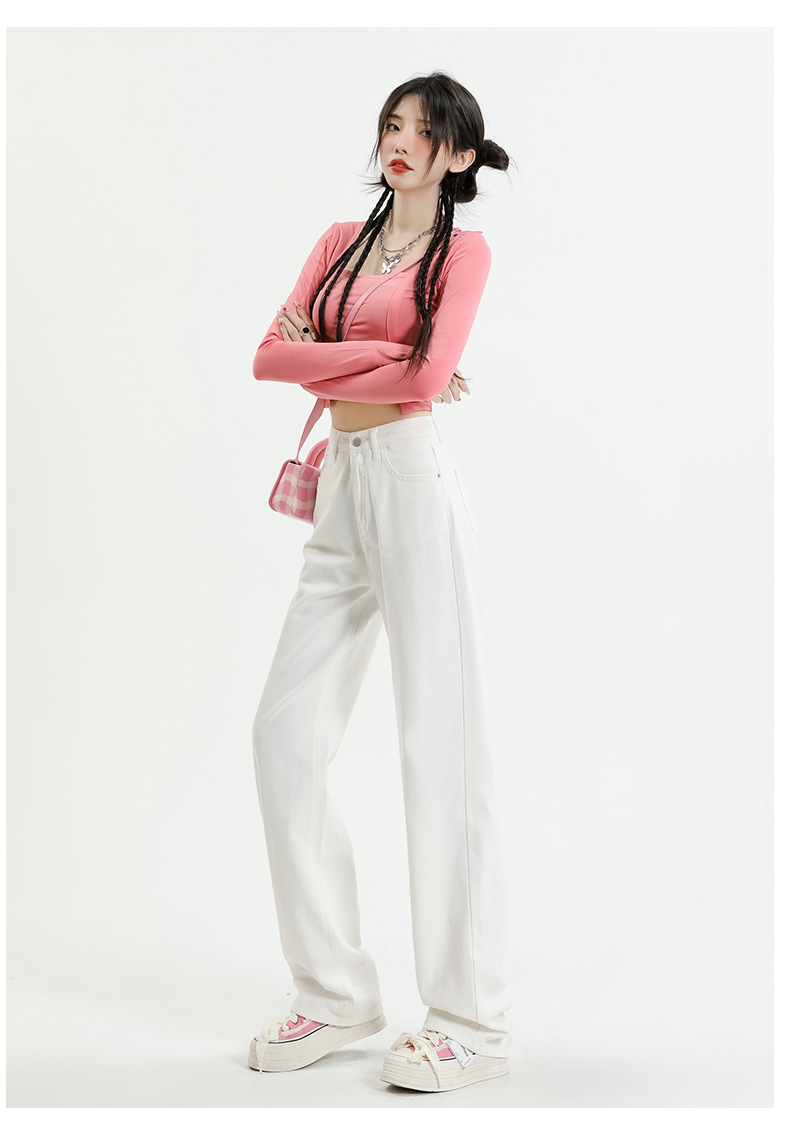 白色牛仔裤女2024年春夏高腰显瘦窄版直筒阔腿裤垂感宽松女拖地裤详情5