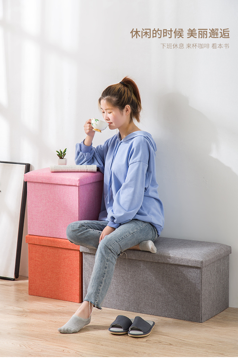 工厂直销多功能布艺折叠收纳凳棉麻换鞋凳储物凳整理箱收纳箱批发详情2