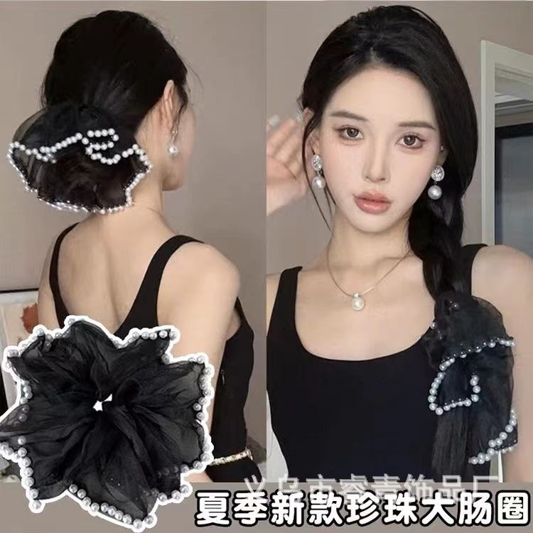 法式优雅高颜值珍珠发圈超大网纱百搭大肠发圈欧根纱钉珠皮筋爆款详情1