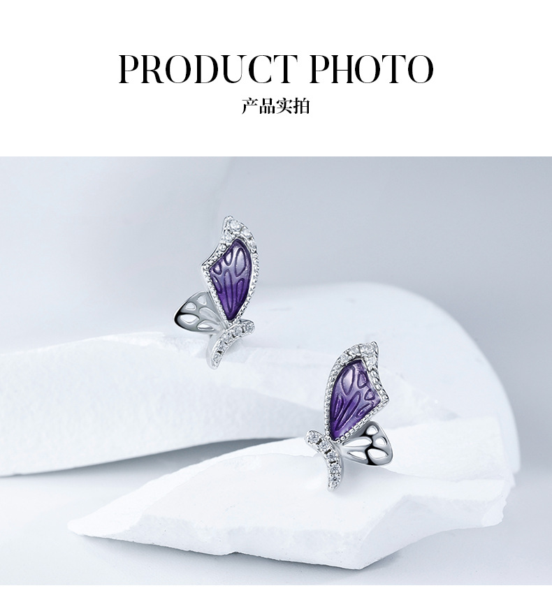 日韩时尚经典蝴蝶耳钉925纯银微镶锆石耳环滴胶新款耳饰批发详情4