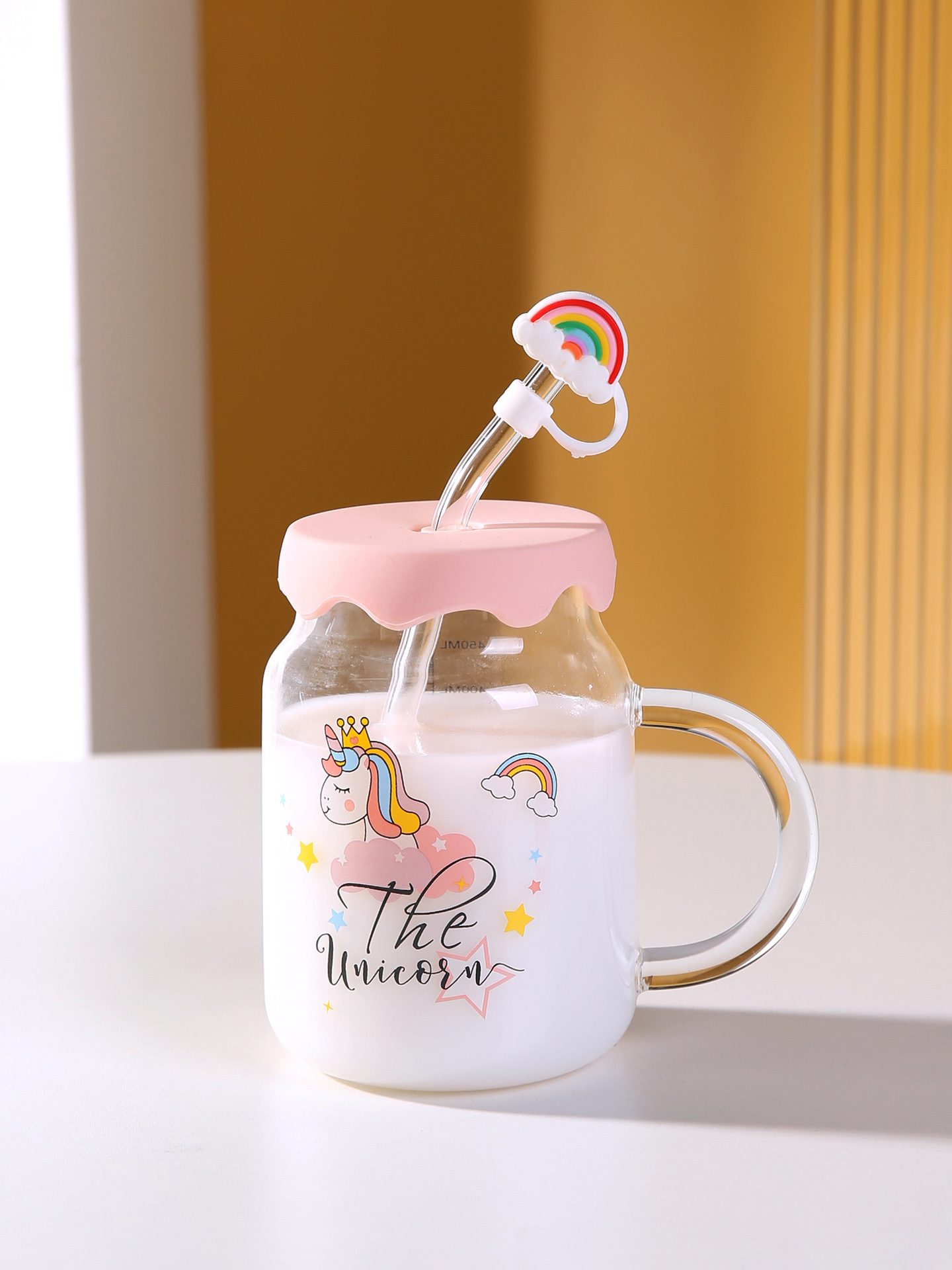 家用高颜值可爱卡通独角兽玻璃杯带盖带吸管女生办公室早餐牛奶杯详情12