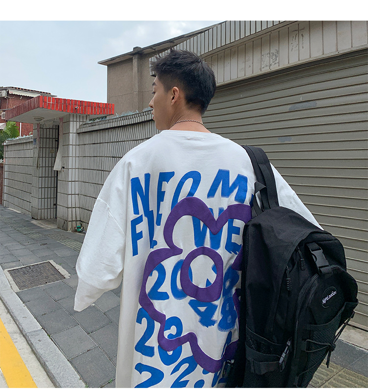潮牌男装直播货源 190g克新疆棉宽松韩版T恤发泡印花朵袖短男t详情14
