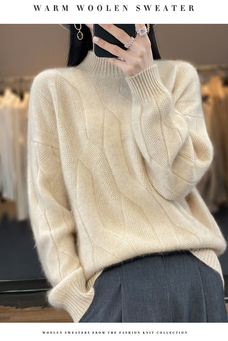 2024 New style 100 wool sweater for women, semi-high neck, thickened with twist, solid color, simple sweater, loose and slimming knitted sweater pic 16