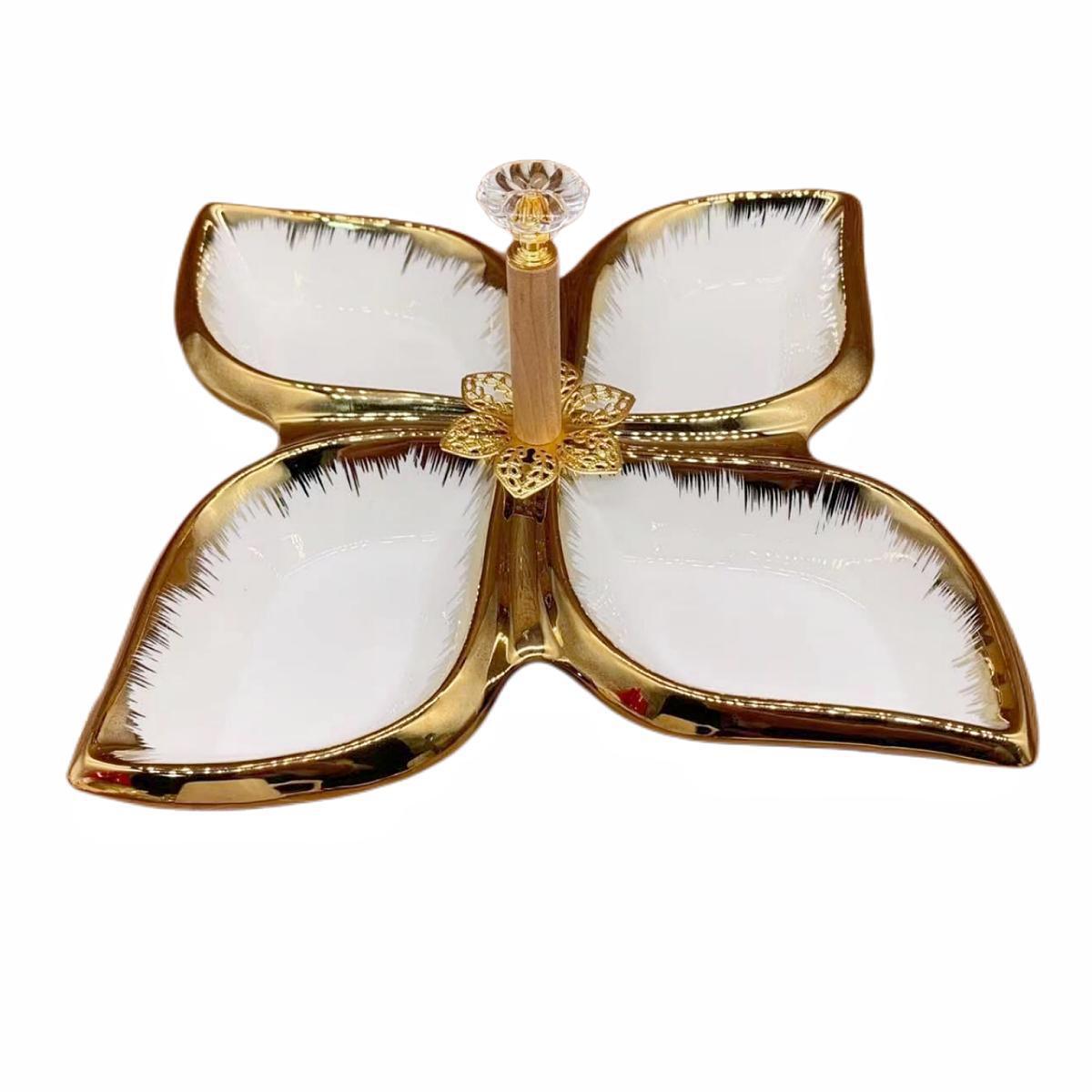 A pure white petal-shaped fruit platter with electroplated gold and multiple compartments, a hand-held restaurant banquet food platter pic 22
