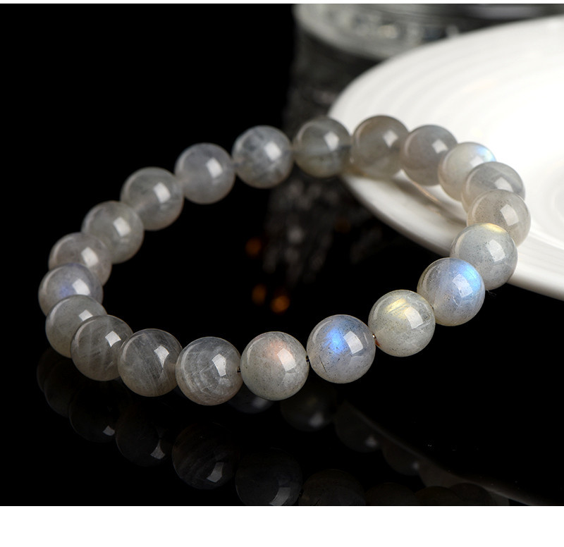 Jiuya Crystal Natural Moonstone Loose Bead Bracelet, Pure Body Color Light Gray Moonlight Elongated Stone Round Bead Bracelet pic 23