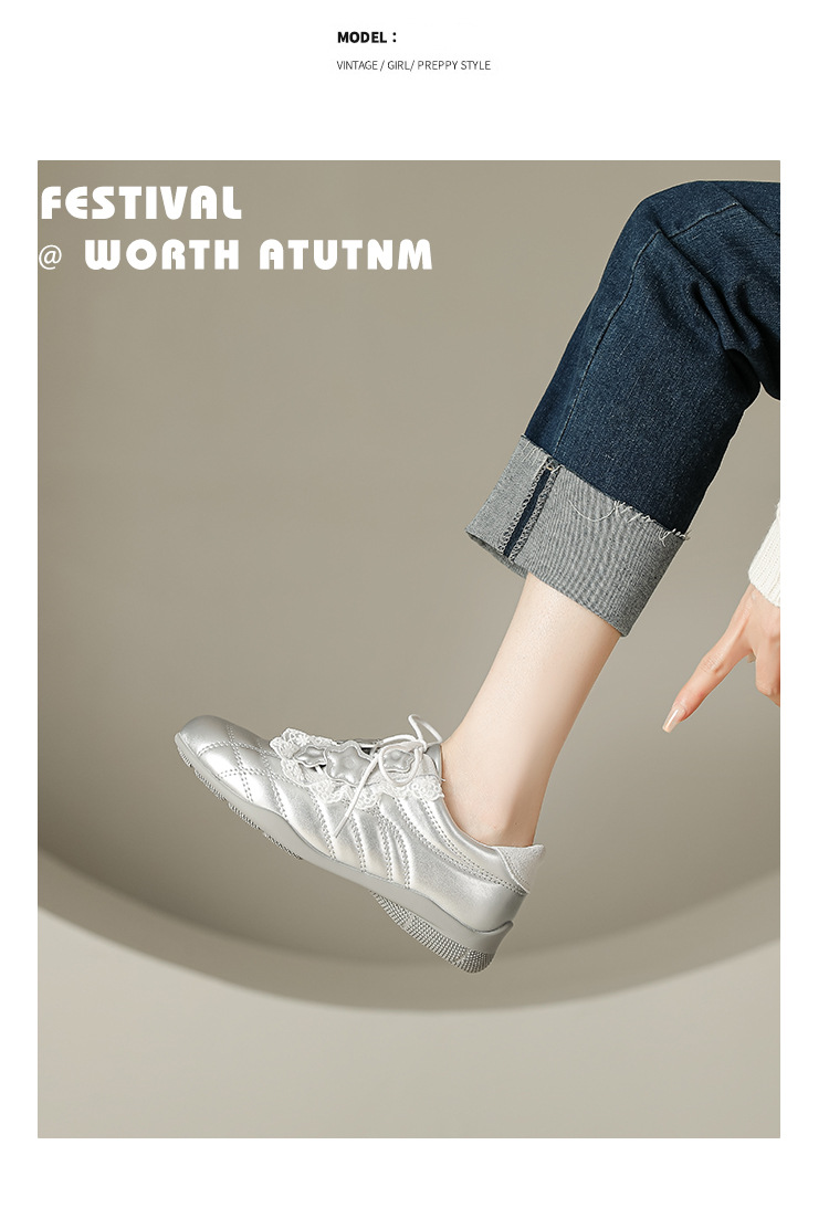 牛皮版2025春季新款银色斜带蕾丝边设计德训鞋舒适运动芭蕾舞女鞋详情18