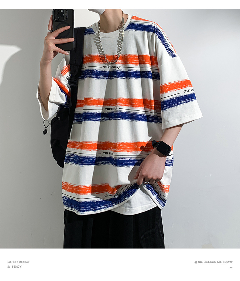 全棉条纹短袖T恤男2024港风青少年百搭宽松五分袖纯棉体恤衣服潮详情16