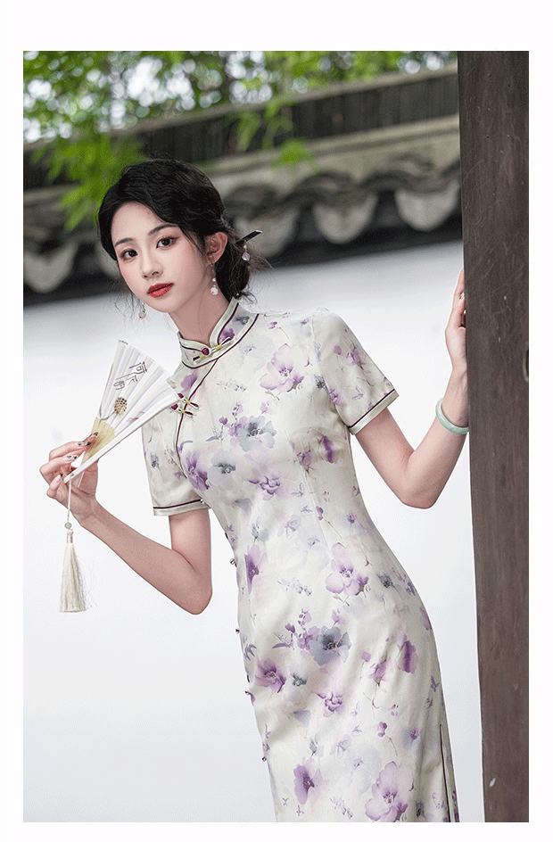 国潮2025新款民国风复古素雅国朝风气质优雅短袖改良年轻款提花旗袍详情10