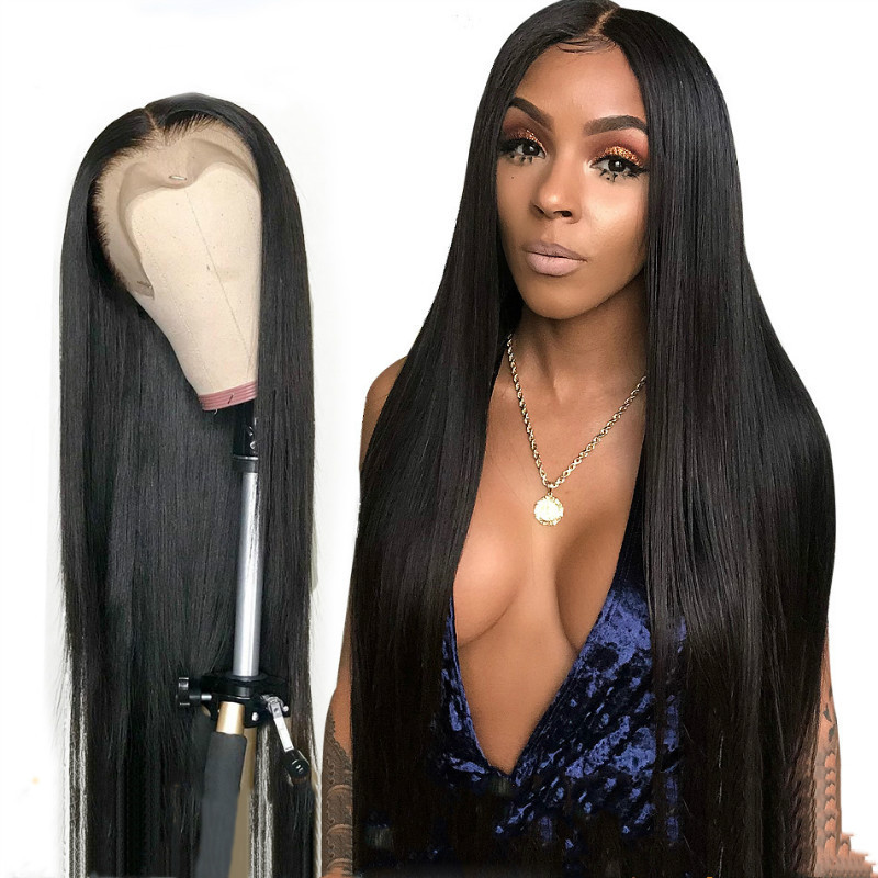 Europa y américa peluca lace frontal lace medio corte largo cabello recto negro fibra química conjunto de peluca fabricante al por mayor pic 3