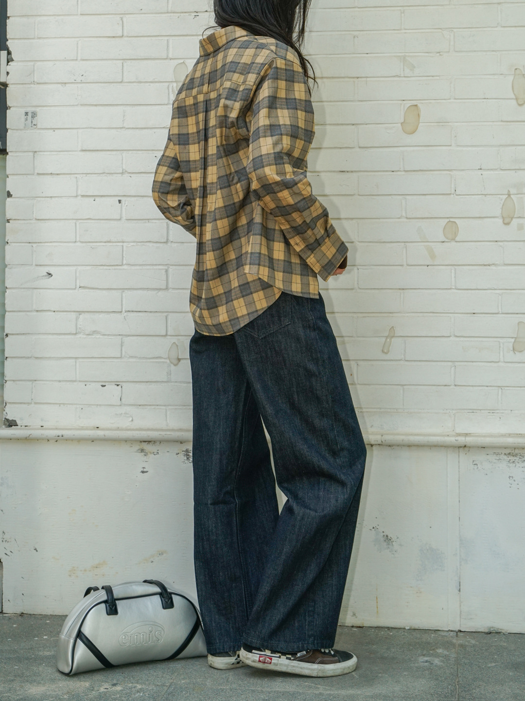 New retro plaid loose off-the-shoulder plaid long-sleeved shirt, yellow lapel plaid casual shirt for women 4415 pic 12