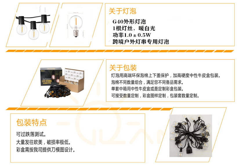 G40 transparent LED bulb, IP44 waterproof, balcony and terrace lighting decorative light string wire, European standard G40 light string pic 3