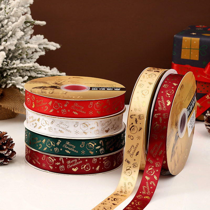 Dingxin Christmas ribbons are in stock and available for wholesale. 2.5CM gold-embossed printed Christmas gift packaging bow polyester ribbons pic 6