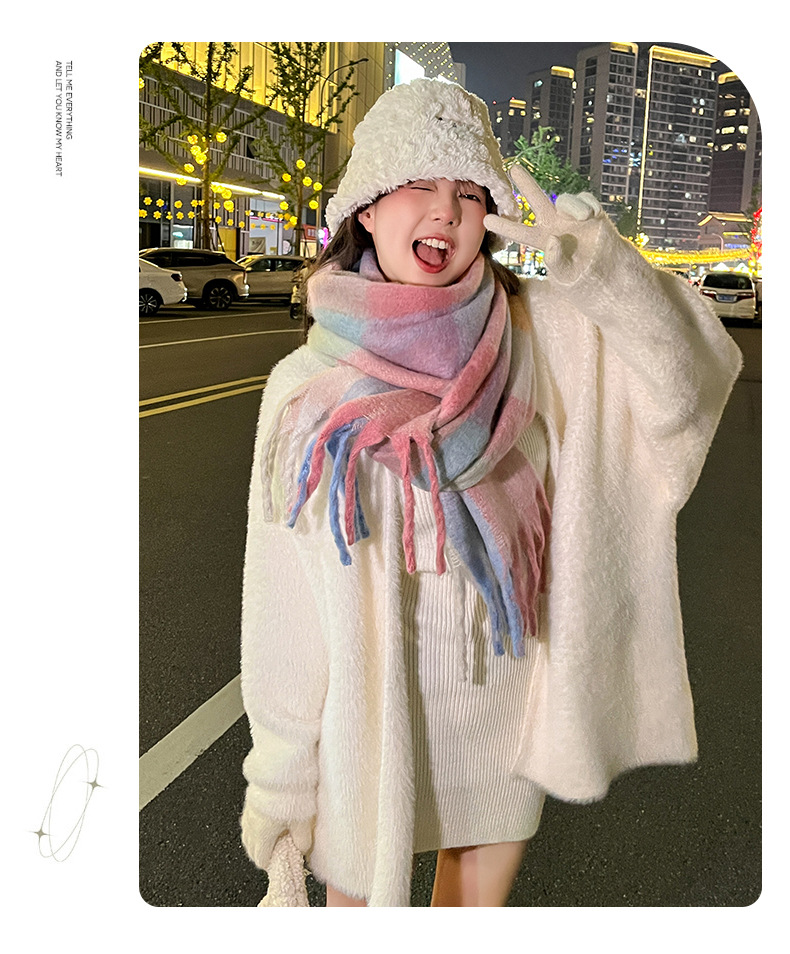 2024新款仙女粉渐变韩系流苏马海毛围巾女冬季保暖围脖仿羊绒围巾详情12