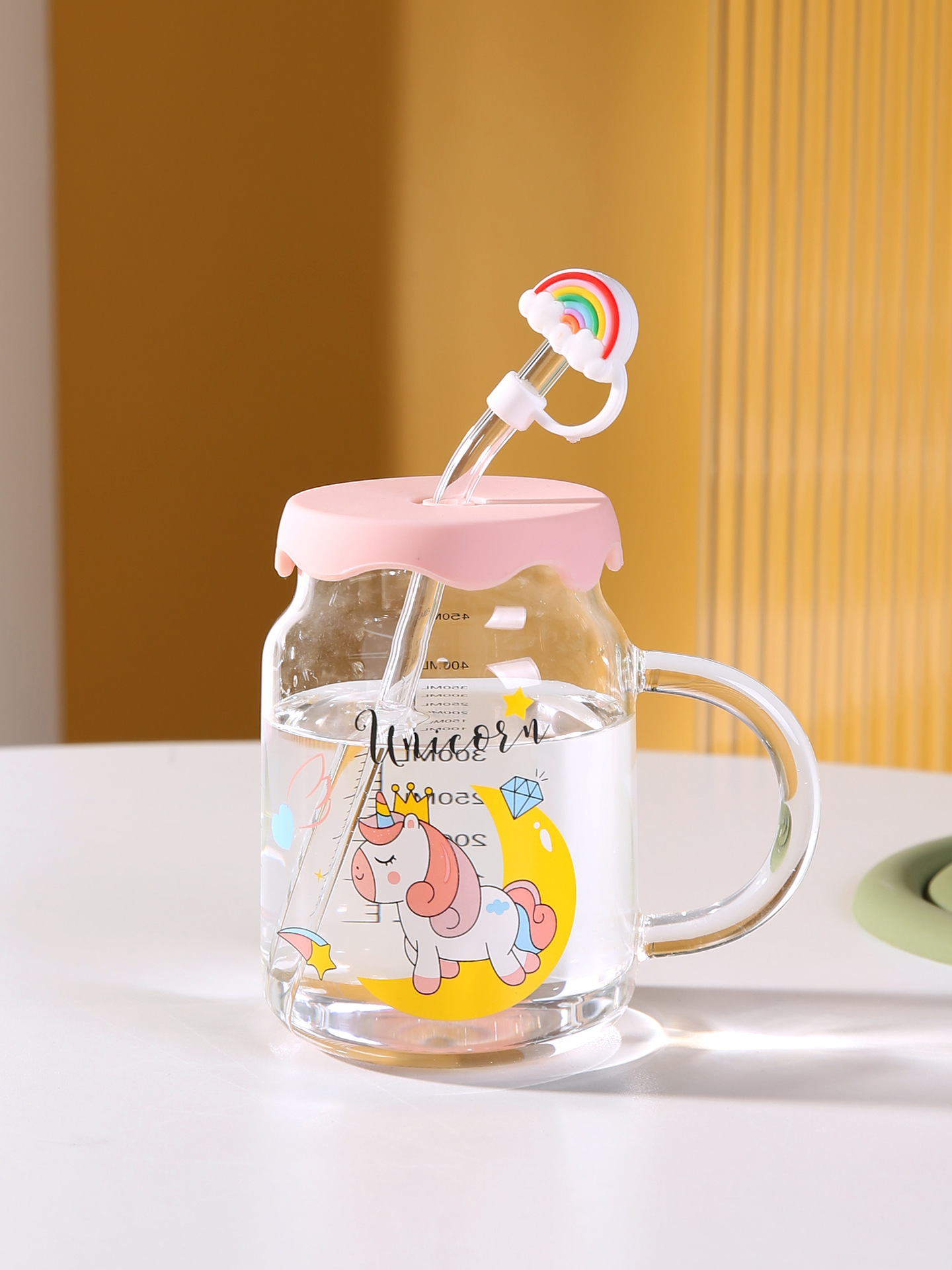 家用高颜值可爱卡通独角兽玻璃杯带盖带吸管女生办公室早餐牛奶杯详情10