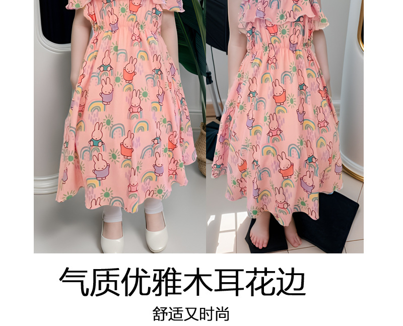 2024新款外贸女童牛奶丝连衣裙 女童夏款时尚露肩一字肩印花连衣详情4
