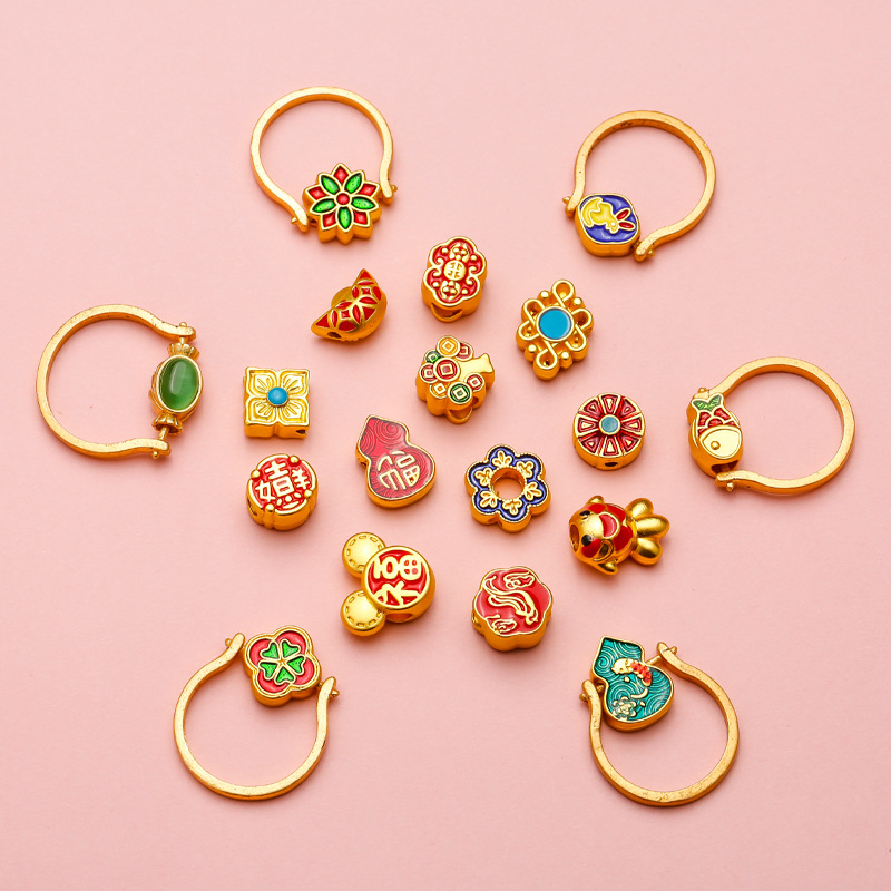 New sand-gold open ring, handcrafted DIY Chinese series, ingots, koi fish, rabbits, money trees, auspicious wholesale pic 3