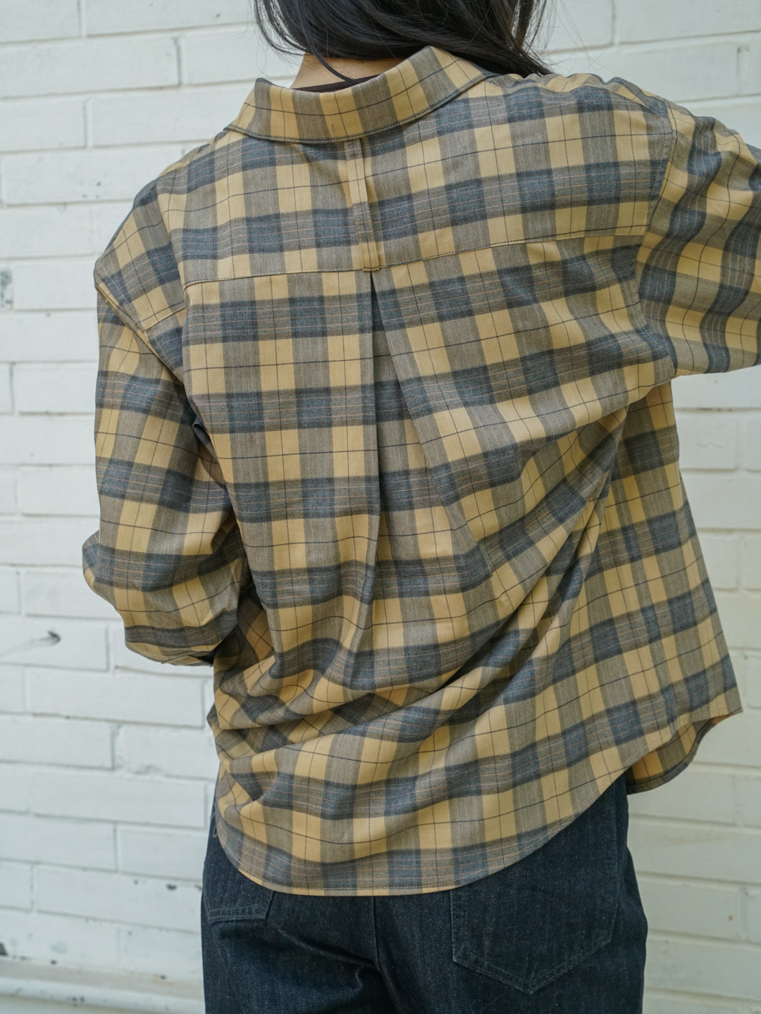 New retro plaid loose off-the-shoulder plaid long-sleeved shirt, yellow lapel plaid casual shirt for women 4415 pic 18
