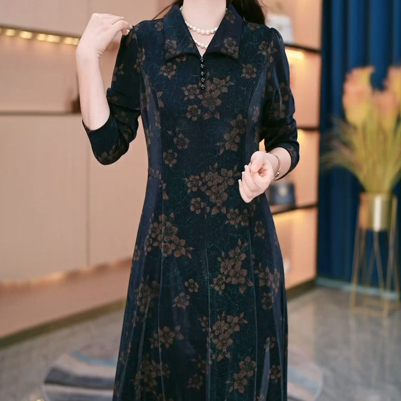 秋季新款时尚碎花长袖连衣裙高档中老年妈妈装气质减龄显瘦A字裙详情4