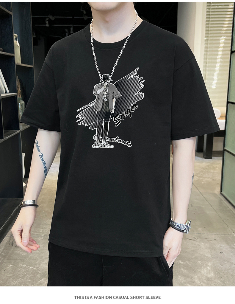 Short-sleeved T-shirt for men, 2022 Summer new Korean style trendy ins loose T-shirt, mid-sleeved cotton trendy brand, large size pic 46