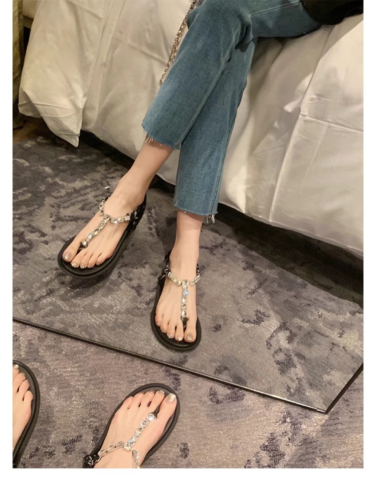 葡萄妈闪闪水钻~罗马风平底绳结百搭夹趾外穿人字拖凉鞋女夏季款详情33