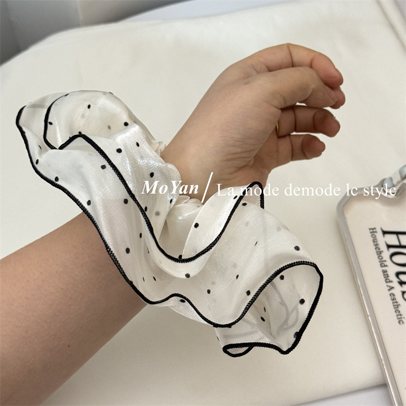 Double-layer fluffy cloud polka dot pearlescent gauze large intestine hair band, elegant bun hairstyle hair tie 2024 ponytail hair tie hair accessory pic 13