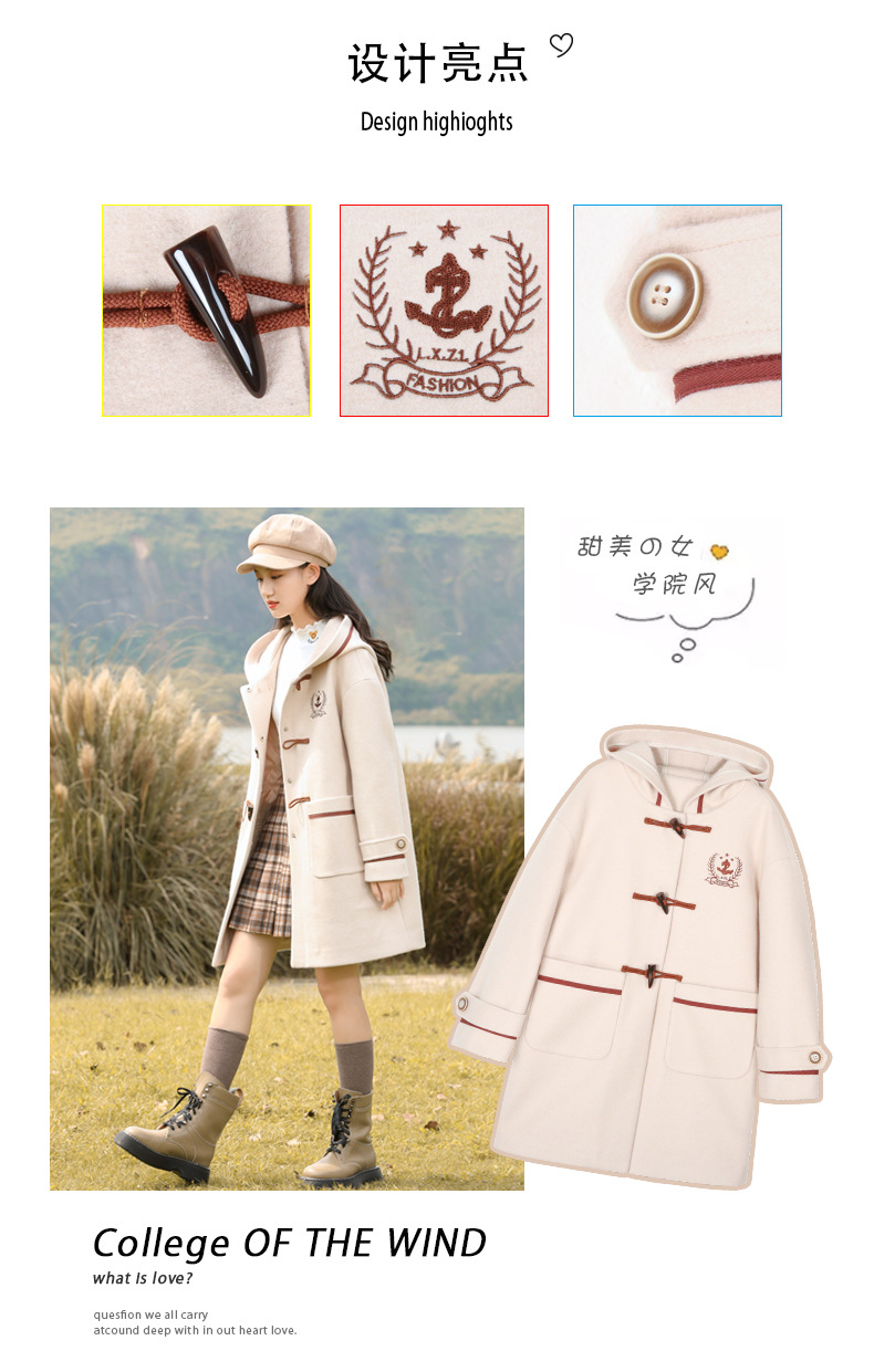 21516 College-style woolen coat 2021 Autumn/Winter new style for junior high school students, winter wear for girls with horn buttons and woolen fabric pic 2