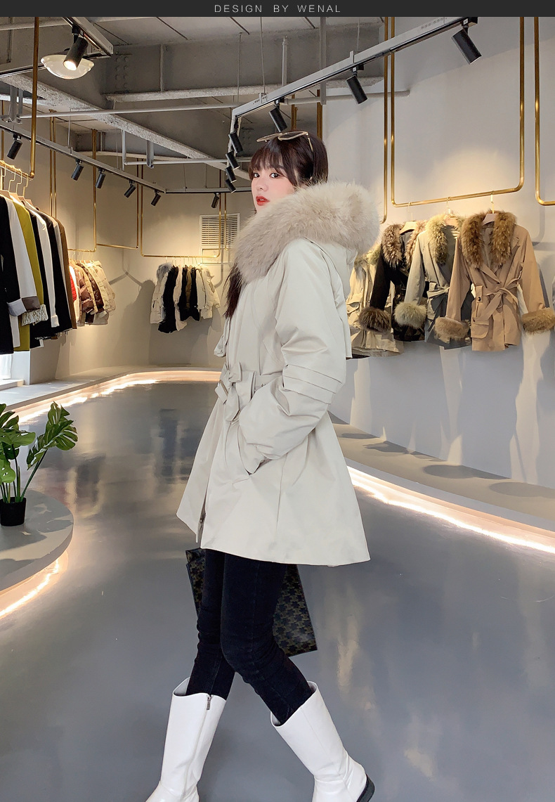 This is a mid-length winter Korean-style fashionable lace-up jacket with a cinched waist and a stylish large fur collar, designed with a rabbit fur inner liner pic 10