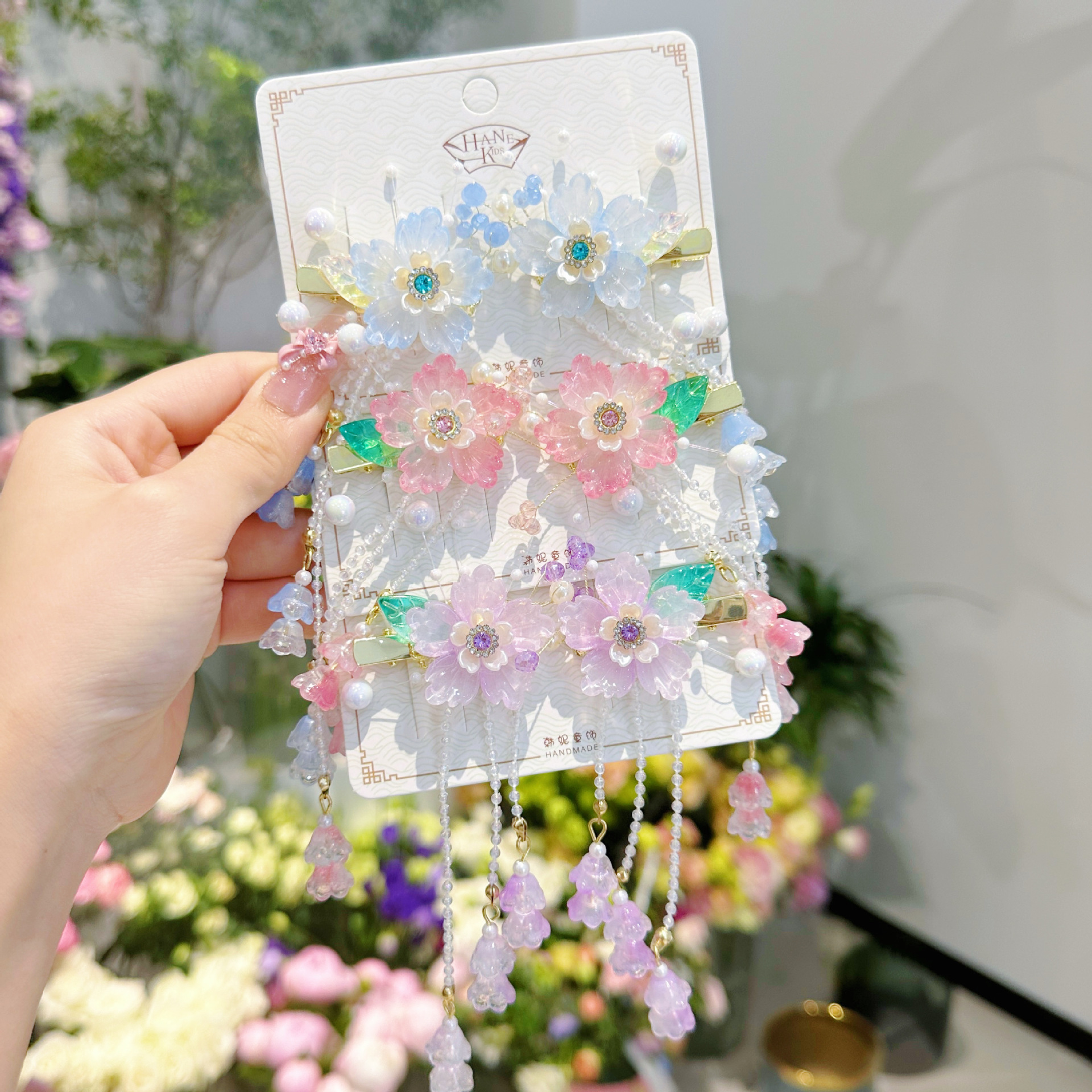 儿童发夹 国潮系列新款古风花朵蝴蝶珍珠流苏中国风琉璃对夹女孩汉服头饰详情7