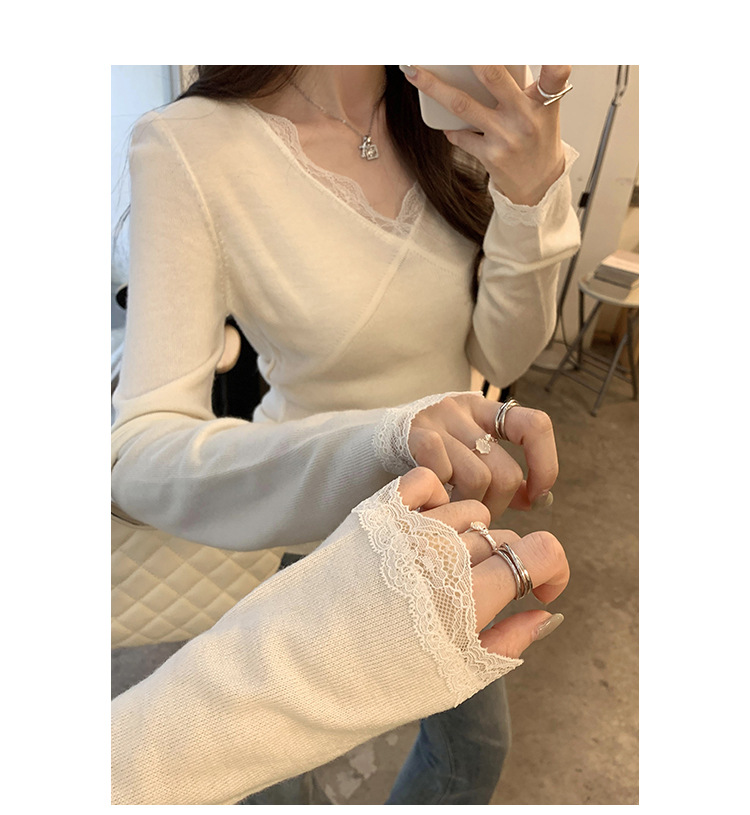 European lace patchwork, elegant long-sleeved wool knitted base layer, Korean-style autumn and winter stylish and unique top for women pic 15