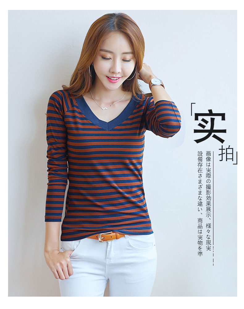 2022 Spring/Summer New Korean-style slim and slimming striped V-neck long-sleeved T-shirt for women, high-quality cotton elastic base layer pic 11