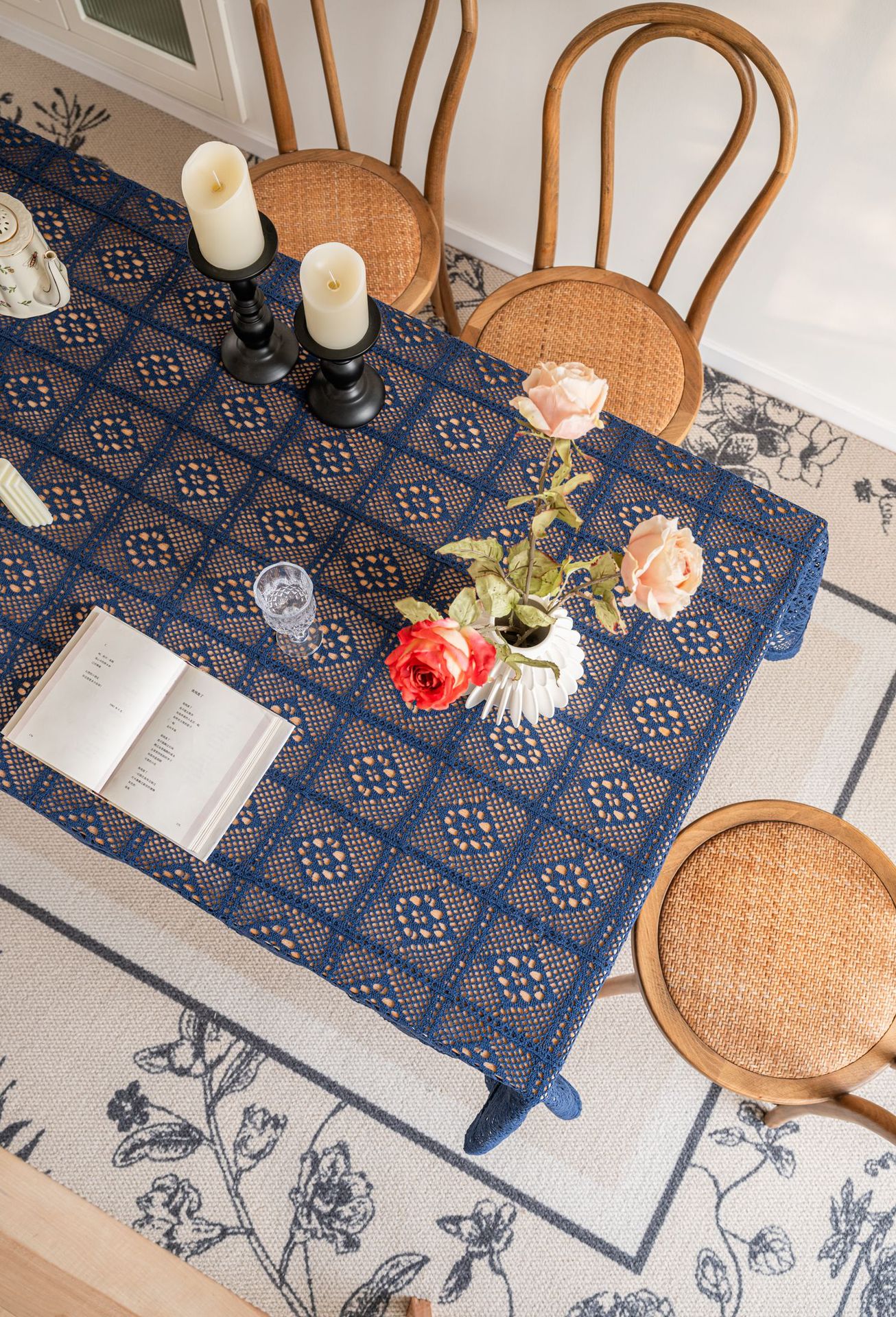 Cross-border hollowed-out hidden deep blue tablecloth, retro crochet photo art book, personalized cotton thread woven tablecloth cover pic 24