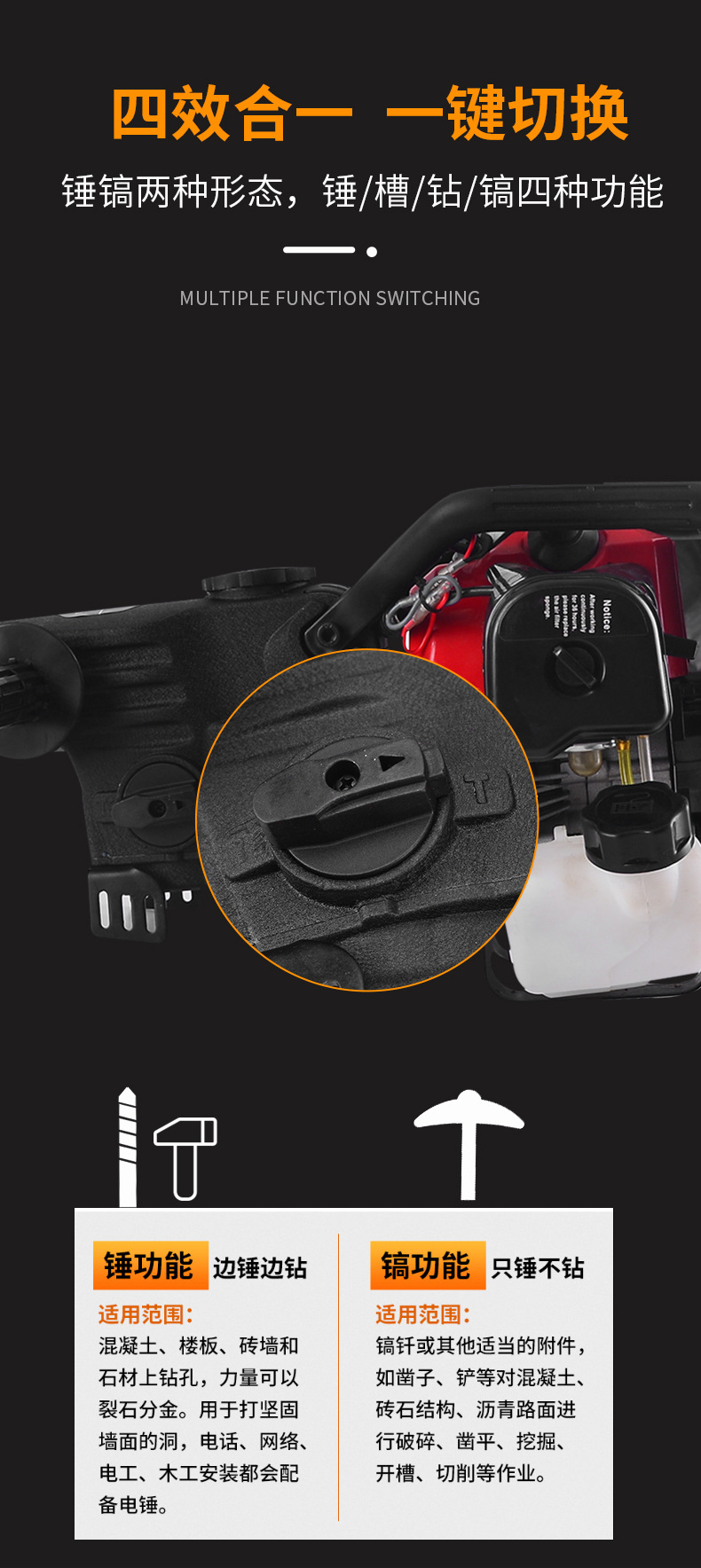 Export 58 multi-functional gasoline electric hammer, electric pick, impact dual-purpose handheld wireless crushing pick, industrial drilling oil hammer pic 4