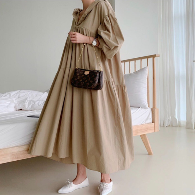 跨境货源女装韩版新品chic连帽宽松长款连衣裙大码休闲衬衣长裙详情3