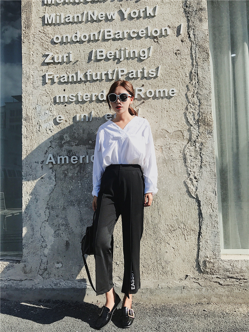 High-waisted, letter-printed black, slightly flared, fashionable, slit straight 9-inch casual pants pic 11