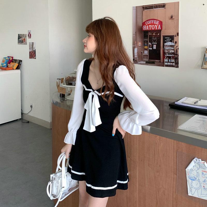 秋装新款性感方领泡泡袖连衣裙女大码胖mm条纹蝴蝶结显瘦长袖裙子详情9