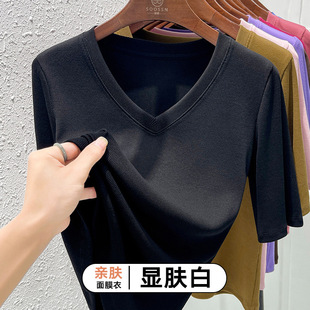 High-count 80-count double-sided mercerized cotton short-sleeved white T-shirt for women in summer, loose round-neck V-neck, versatile T-shirt, 1688 pic 9